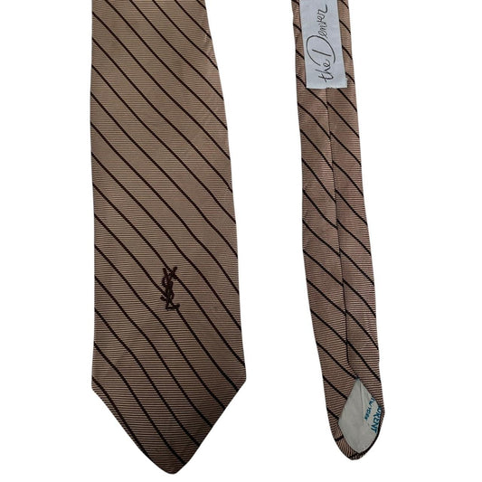 Vintage Yves Saint Laurent Brown Striped Logo Silk Tie