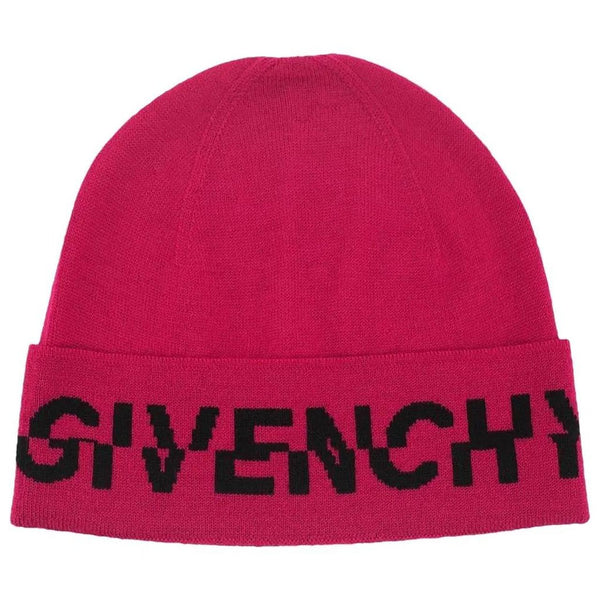 Givenchy black and pink wool beanie hat with split logo design.