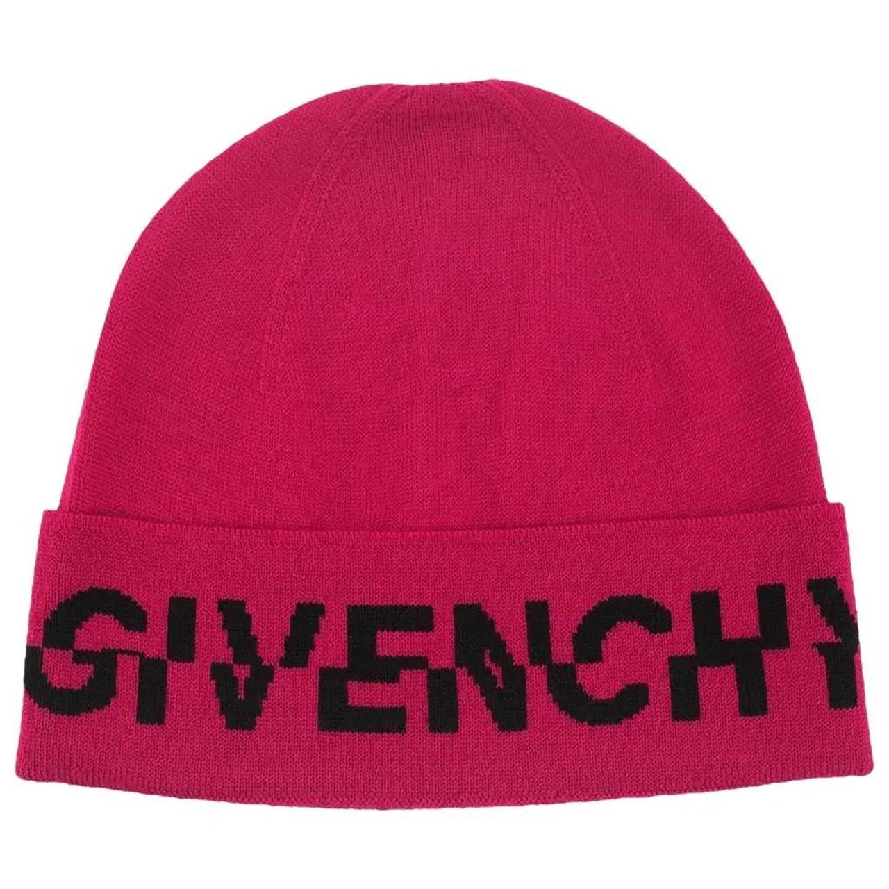 Givenchy black and pink wool beanie hat with split logo design.