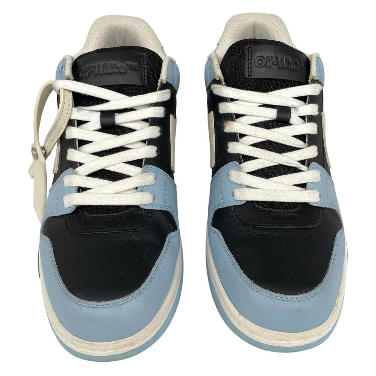 Off-White low top trainers in light blue and black with leather material and logo detail.