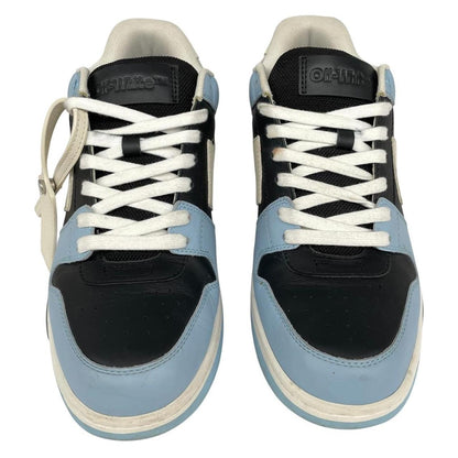 Off-White low top trainers in light blue and black with leather material and logo detail.