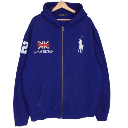 Polo Ralph Lauren blue hoodie with Big Pony logo, full zip, cotton material.