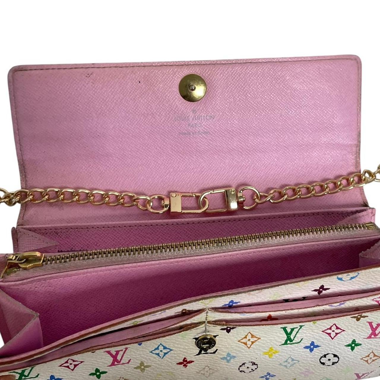 Louis Vuitton white crossbody wallet with multicoloured monogram and gold strap.