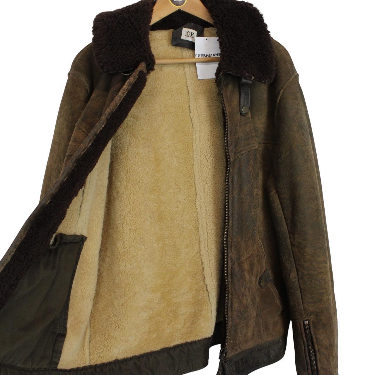 CP Company Brown Full Zip Leather Shearling Goggle Jacket