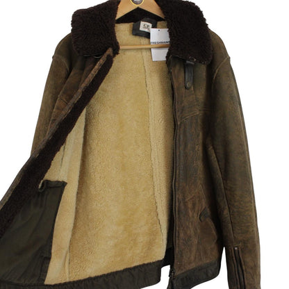 CP Company Brown Full Zip Leather Shearling Goggle Jacket