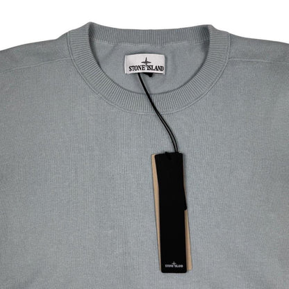 Stone Island grey knit jumper made from organic cotton with logo patch on sleeve.