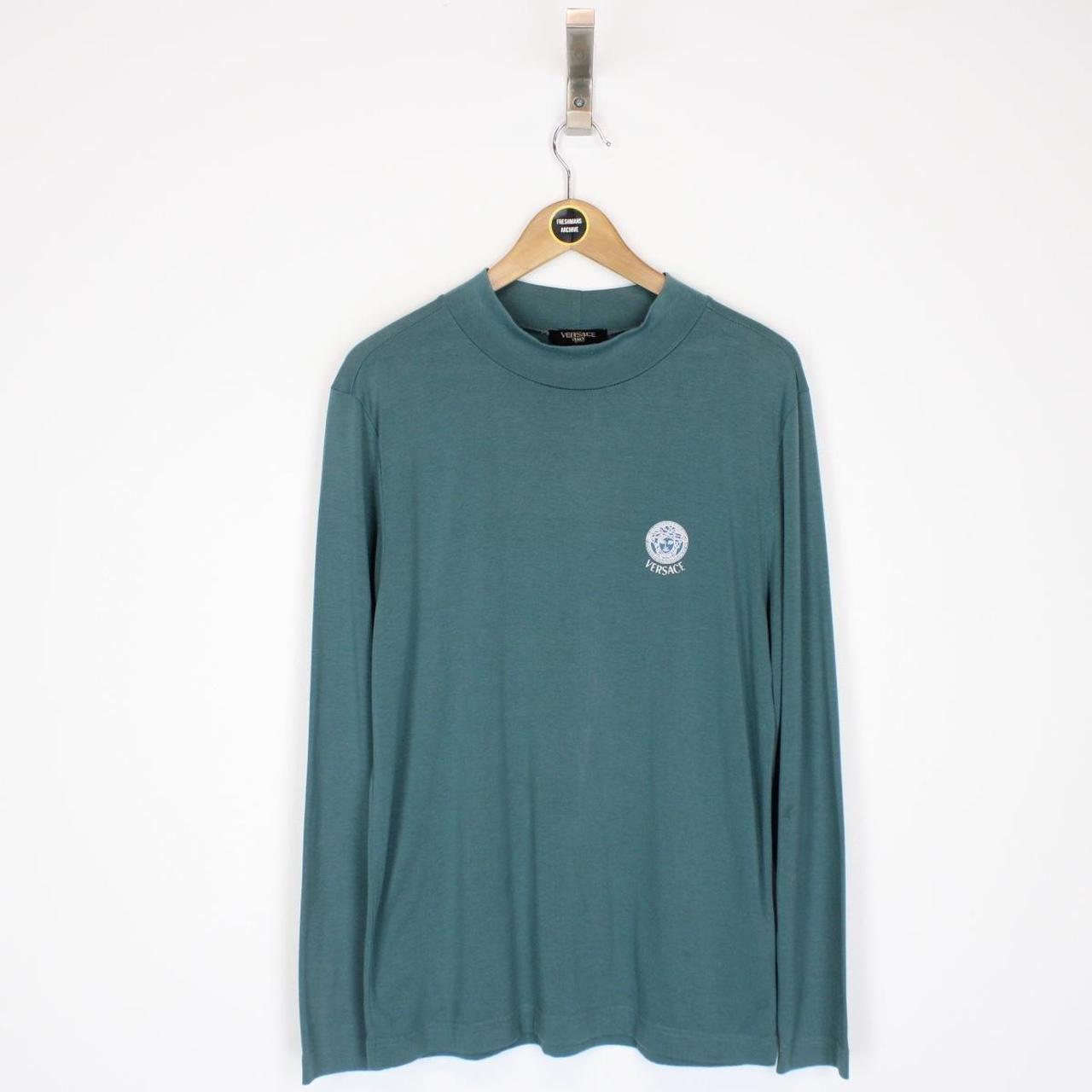 Vintage Versace Green Long Sleeve Cotton Mock Neck T-Shirt