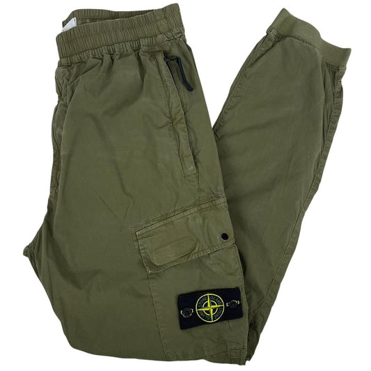 Stone Island khaki green cargo trousers with logo patch and multiple pockets.