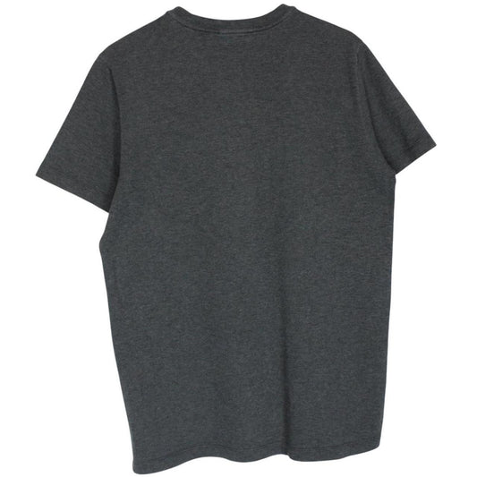 Prada grey cotton t-shirt with red logo and pocket detail, vintage style.