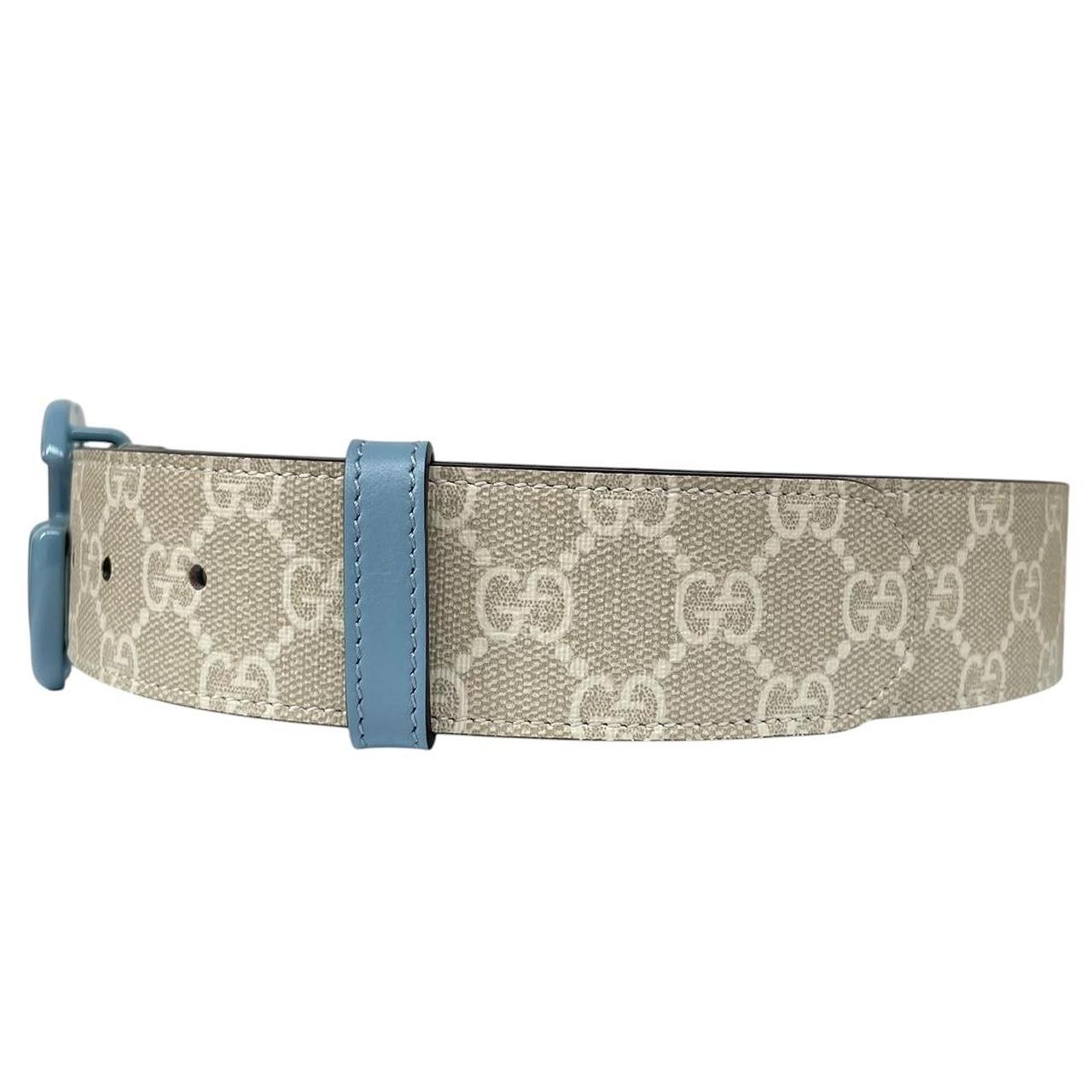 Gucci Beige and Light Blue GG Monogram Marmont Wide Leather Belt
