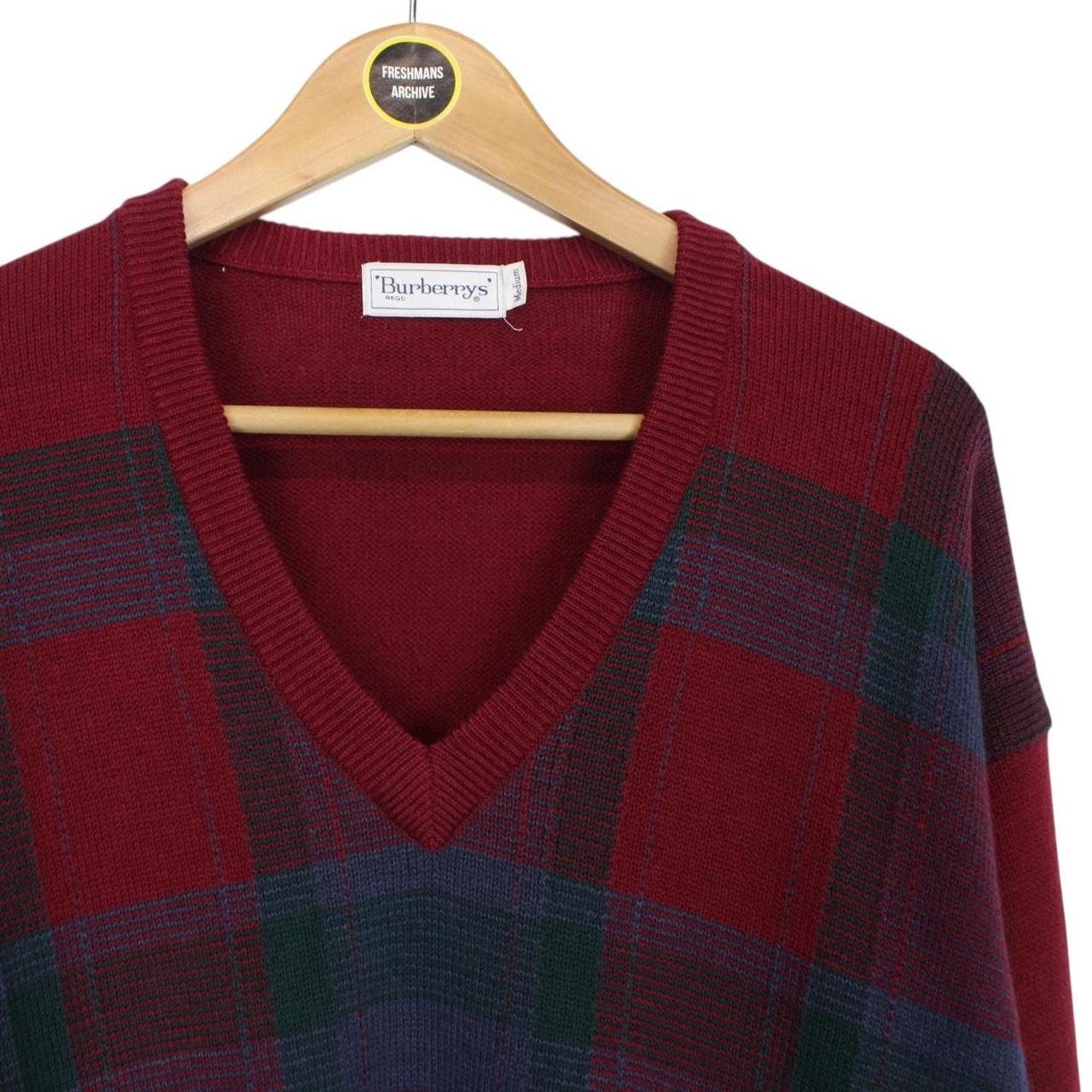 Vintage 90s Burberry Burgundy Check Wool Knit V-Neck Jumper