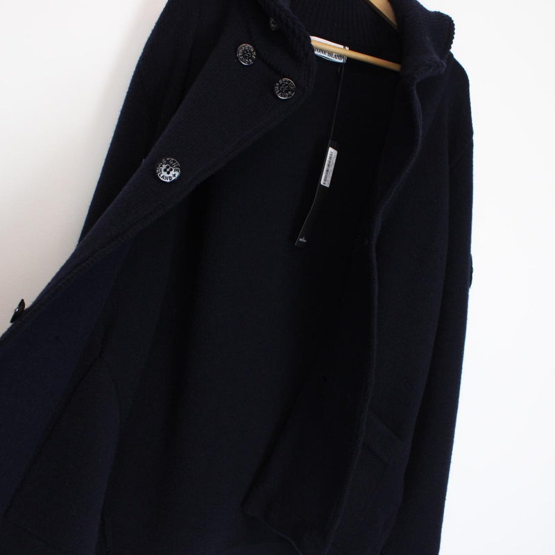 Stone Island AW 2022 Navy Blue Heavy Wool Knit Double Breasted Cardigan Jumper