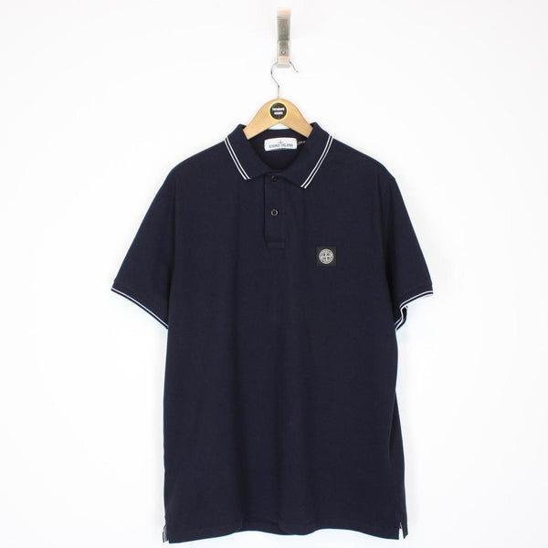 Stone Island Navy Blue and White Short Sleeve Compass Polo Shirt