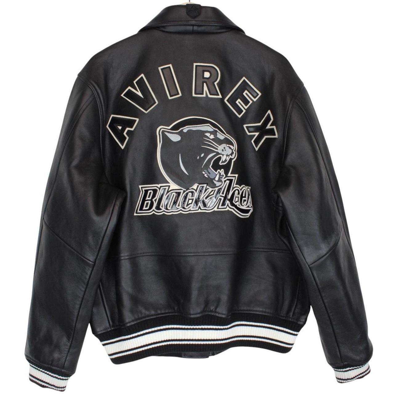 Avirex black leather jacket with Tuskegee Aces logo and full zip design.