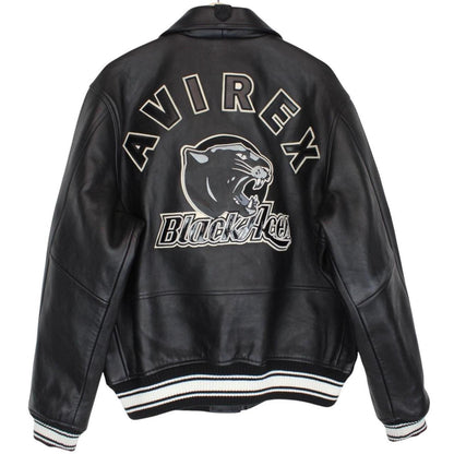 Avirex black leather jacket with Tuskegee Aces logo and full zip design.