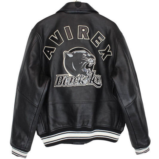 Avirex black leather jacket with Tuskegee Aces logo and full zip design.