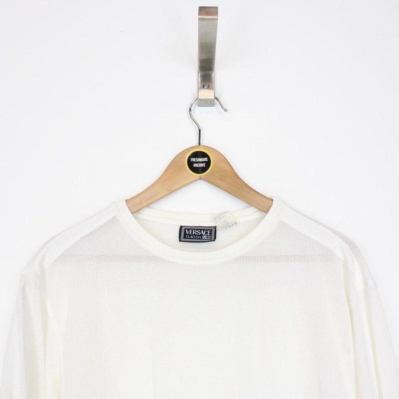 Vintage 90s Versace Classic Cream Woven Knit Short Sleeve T-Shirt