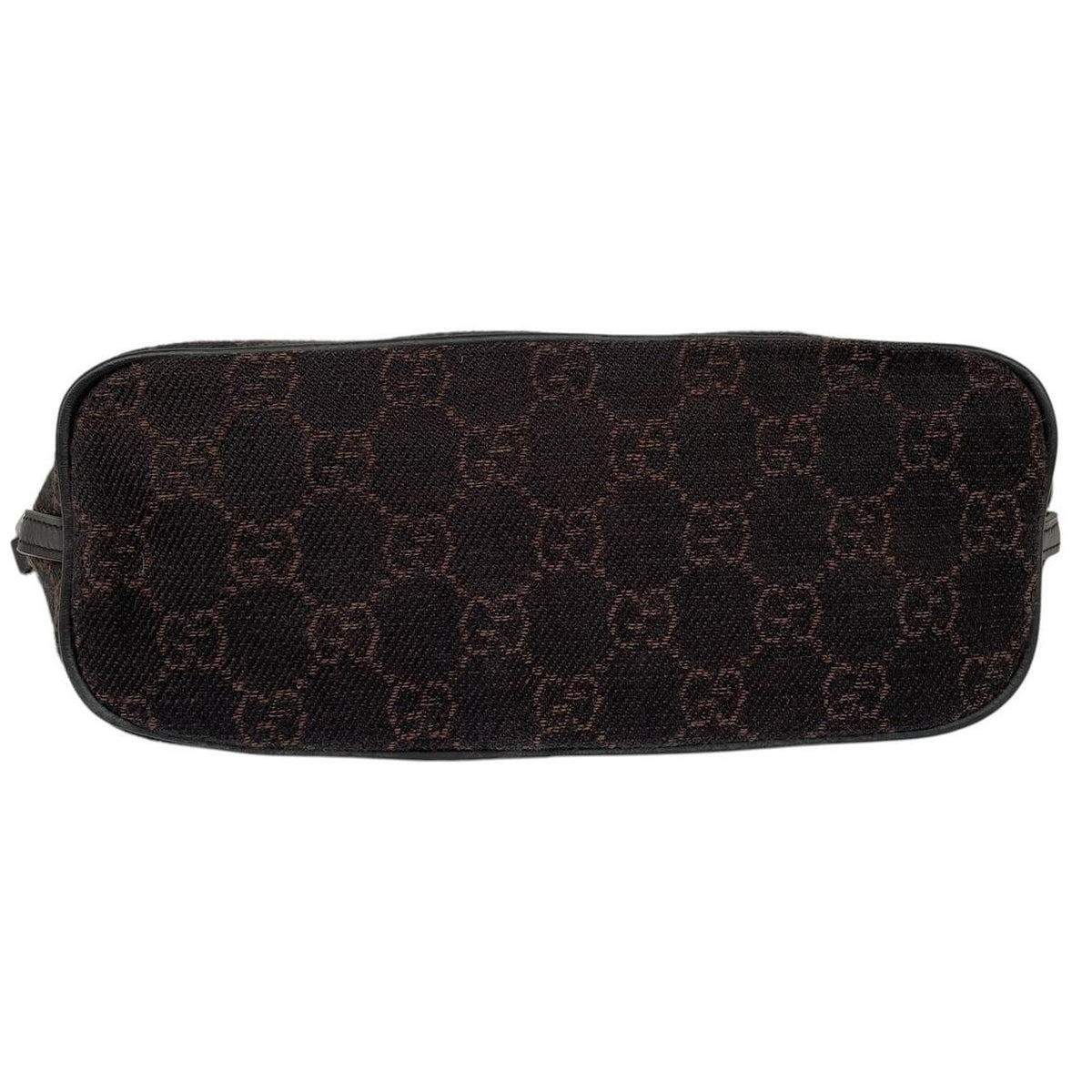 Gucci black and brown GG monogram canvas mini boat pochette bag with metal logo.