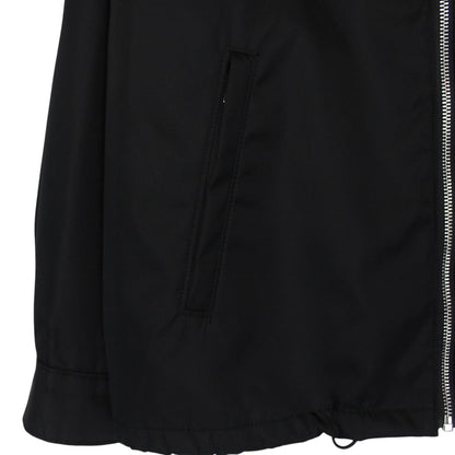 Prada black hooded jacket with full zip, Re-Nylon material, logo detail on sleeve.