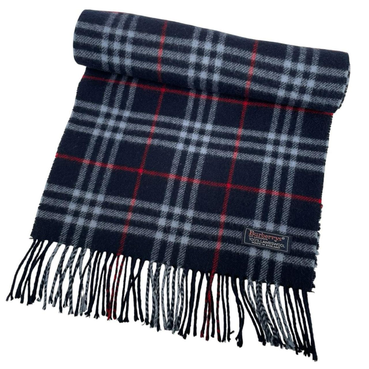 Burberry navy blue lambswool scarf with iconic Nova Check pattern.