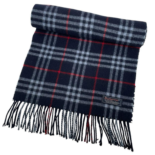 Burberry navy blue lambswool scarf with iconic Nova Check pattern.