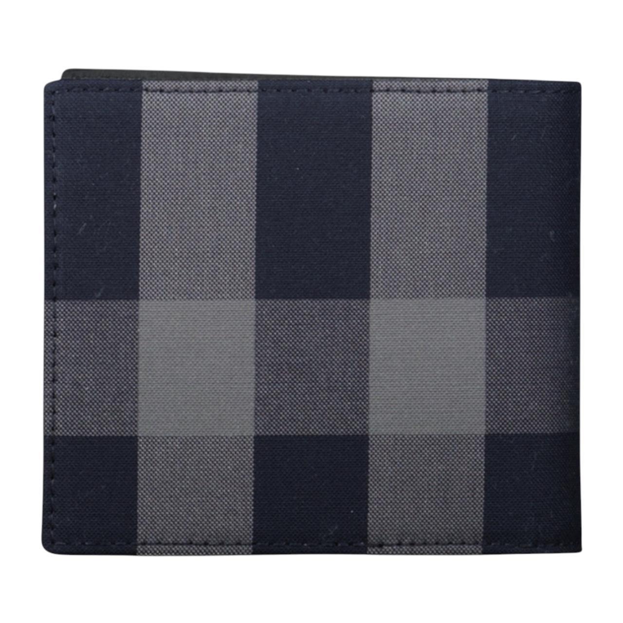 Burberry navy blue bifold wallet featuring iconic Nova Check pattern and logo.