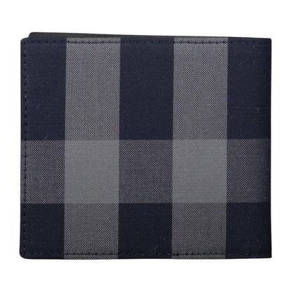 Burberry navy blue bifold wallet featuring iconic Nova Check pattern and logo.