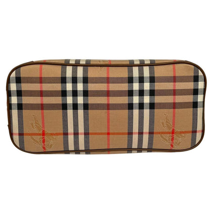 Burberry tan brown duffel bag featuring iconic Nova Check pattern and leather accents.