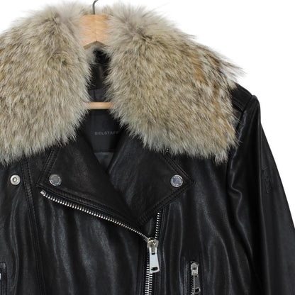 Belstaff black leather biker jacket with detachable coyote fur collar and logo detailing.