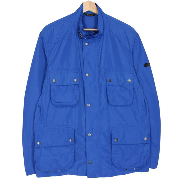 Barbour blue nylon multi-pocket jacket with logo detailing and scuff on bottom right pocket.