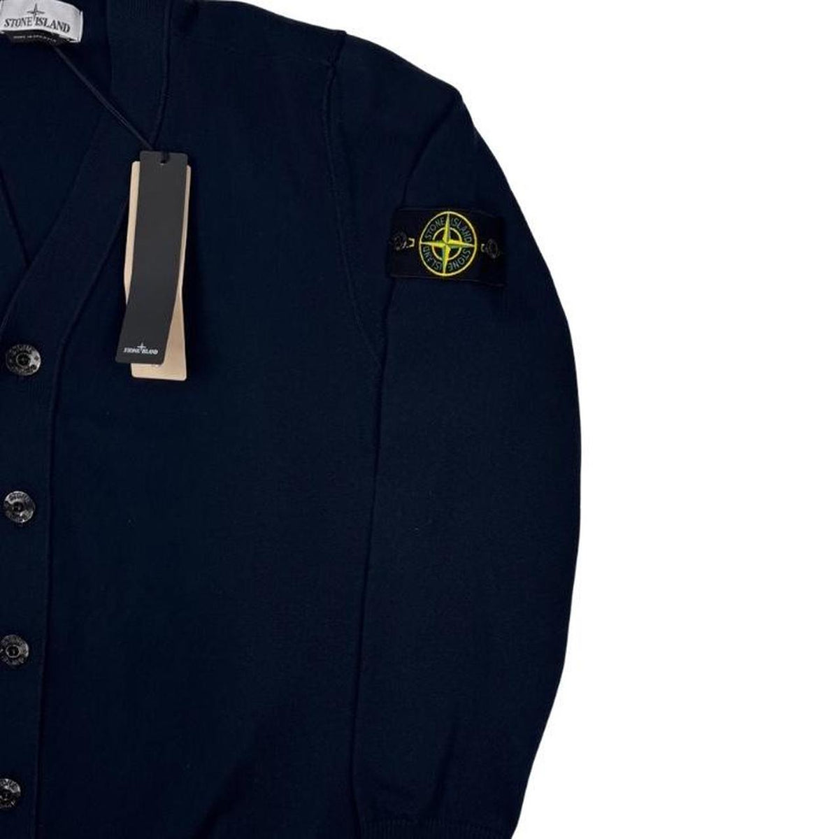 Stone Island navy blue cardigan jumper soft organic cotton with logo badge detail.