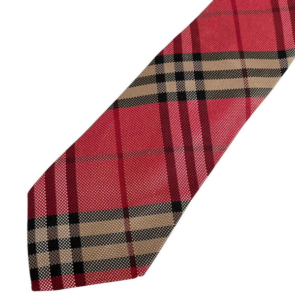 Vintage Burberry London Red Nova Check Silk Tie