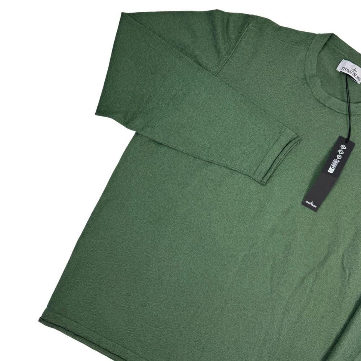 Stone Island green knit jumper made of organic cotton with logo patch.