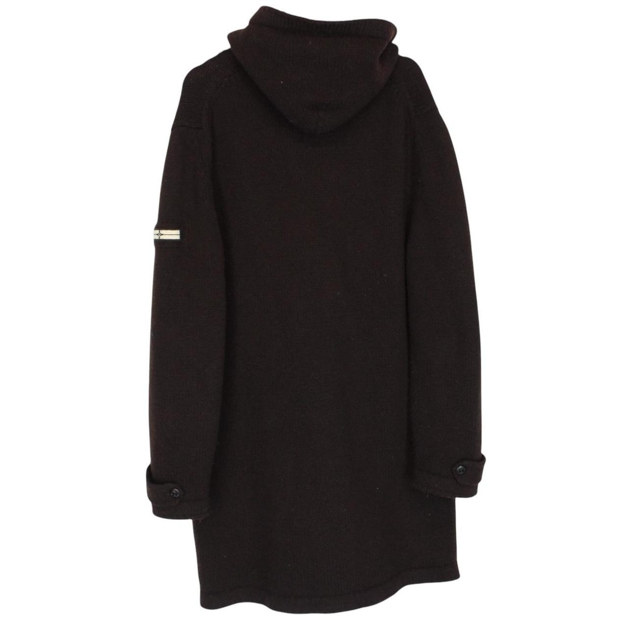 Stone Island brown knit duffle coat with logo patch and wool blend material.