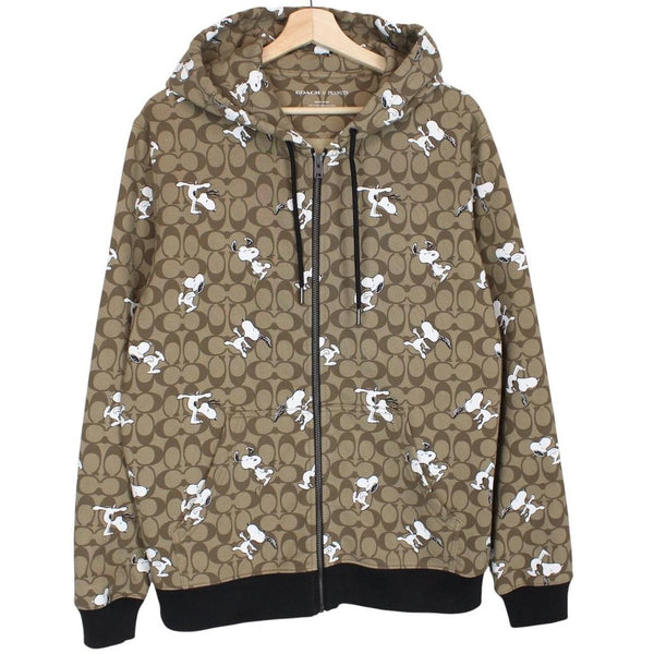 Coach brown hoodie featuring Peanuts Snoopy graphic and full zip design.