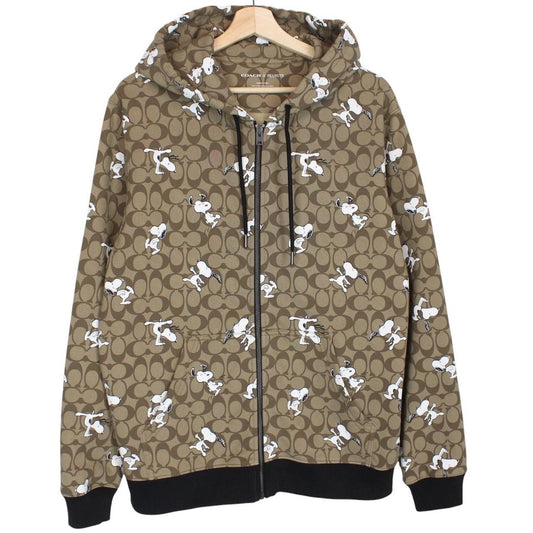 Coach brown hoodie featuring Peanuts Snoopy graphic and full zip design.