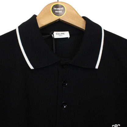 Celine Black and White Logo Embroidered Short Sleeve Cotton Polo Shirt