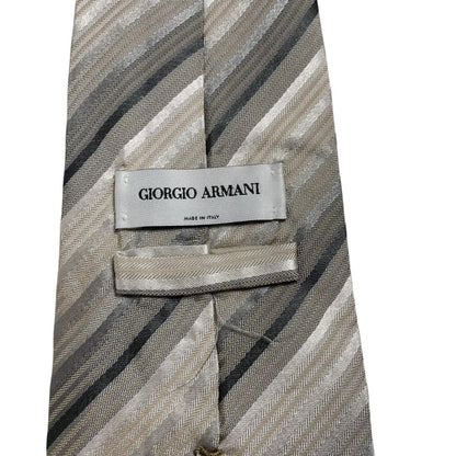 Giorgio Armani multicoloured striped silk tie featuring beige, black, brown, and grey stripes.