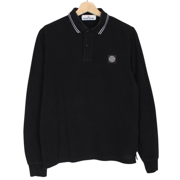 Stone Island black long sleeve polo shirt with embroidered compass logo and slim fit.