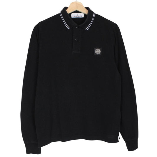 Stone Island black long sleeve polo shirt with embroidered compass logo and slim fit.