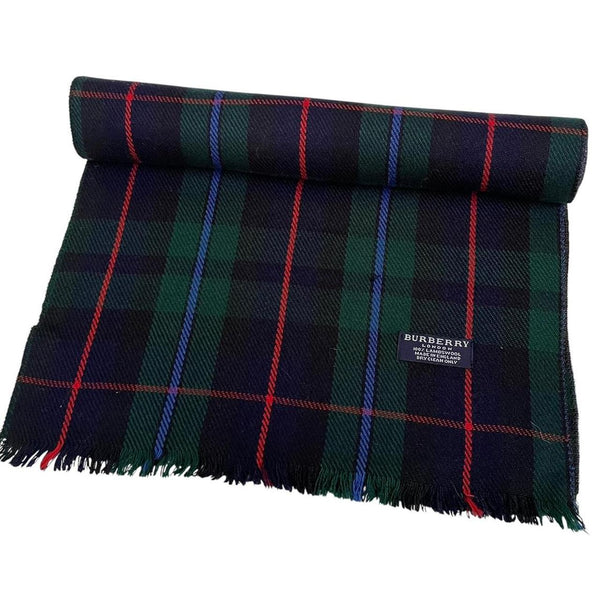 Vintage 90s Burberry Navy Blue and Green Check Lambswool Scarf