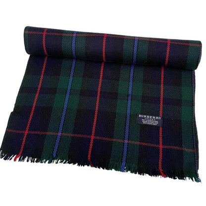 Vintage 90s Burberry Navy Blue and Green Check Lambswool Scarf