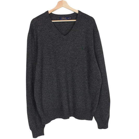 Polo Ralph Lauren grey lambswool knit v-neck jumper with embroidered logo.