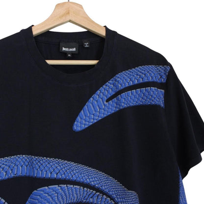 Just Cavalli navy blue cotton t-shirt with snake print and chest pocket detail.