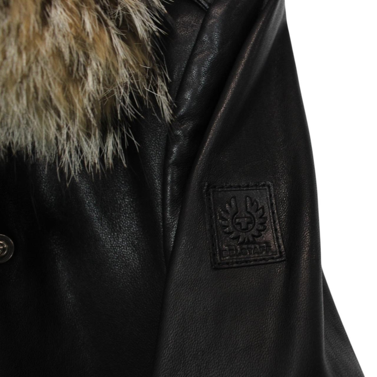 Belstaff black leather biker jacket with detachable coyote fur collar and logo detailing.