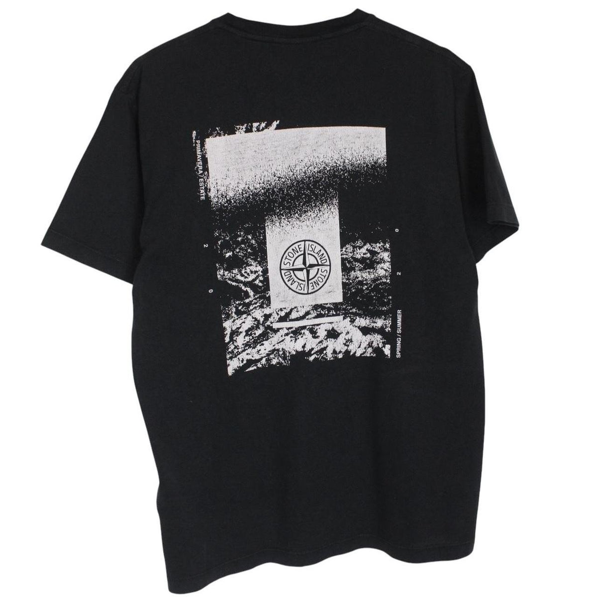 Stone Island black short sleeve t-shirt with logo print on chest and cotton material.