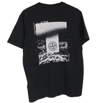 Stone Island black short sleeve t-shirt with logo print on chest and cotton material.