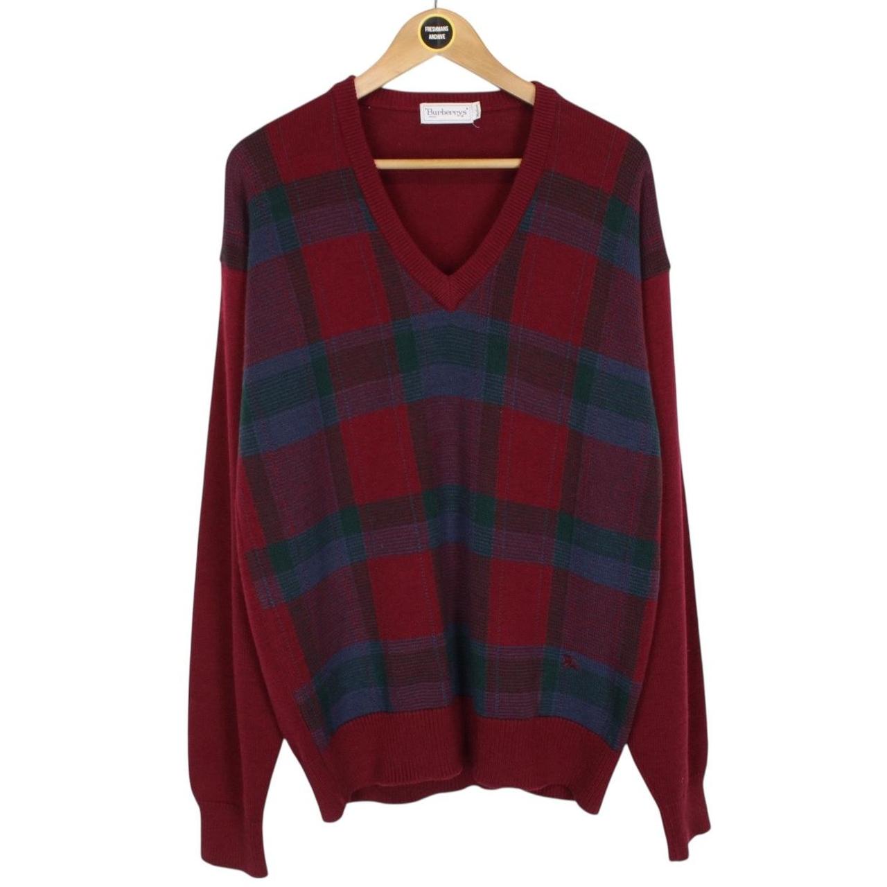 Vintage 90s Burberry Burgundy Check Wool Knit V-Neck Jumper