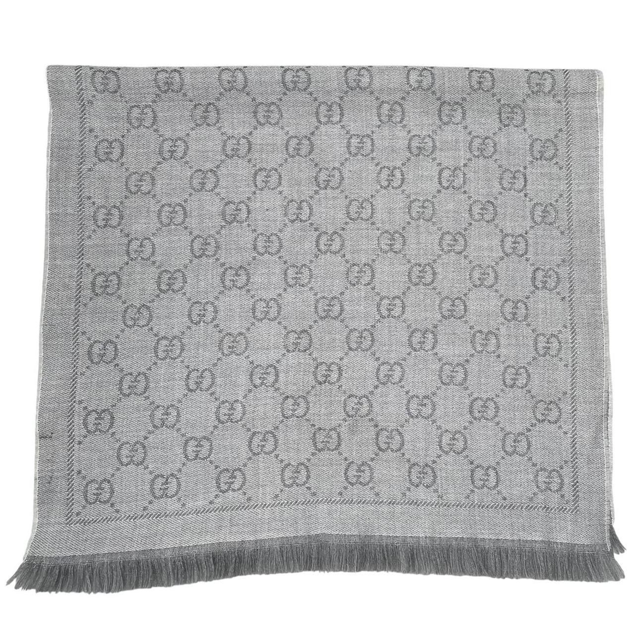 Gucci Grey GG Monogram Frayed Wool Scarf