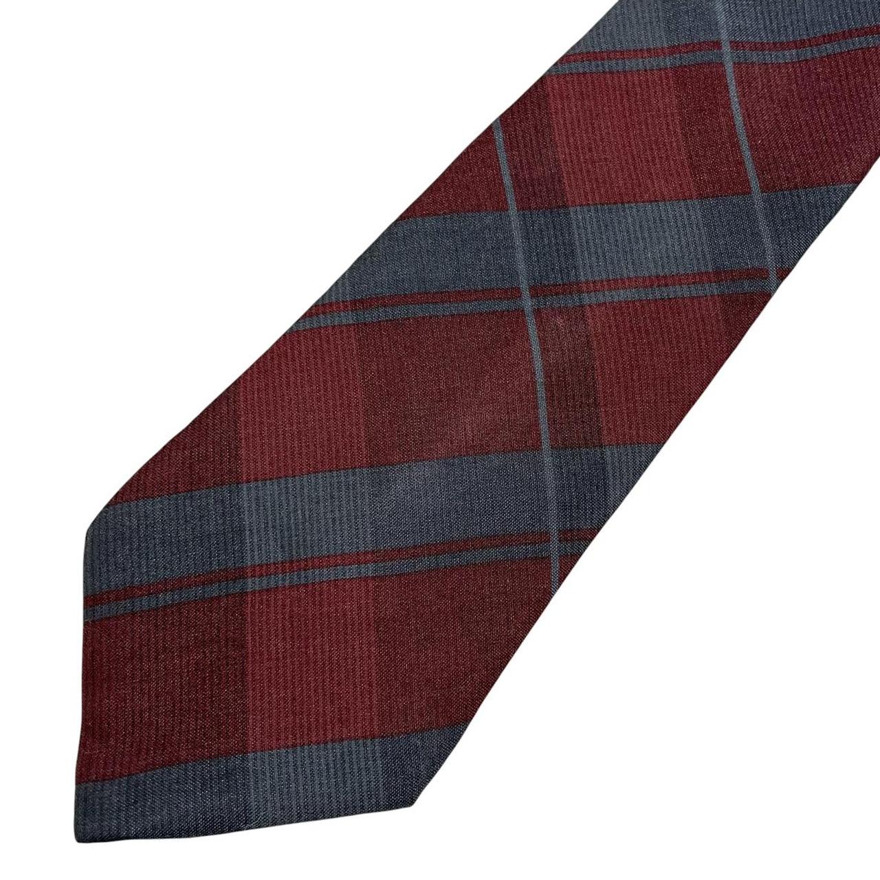 Christian Dior silk tie burgundy and blue check pattern with logo detail.